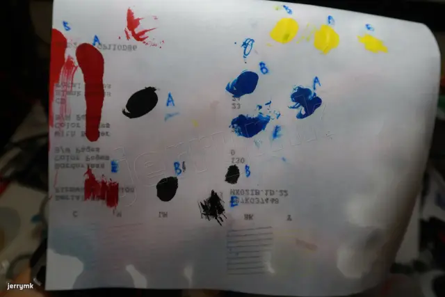 Direct samples of the first crappy pigment ink (marked B), the better WF-C5790 ink (marked A), and EPSON genuine (marked E). (April, 2025)
